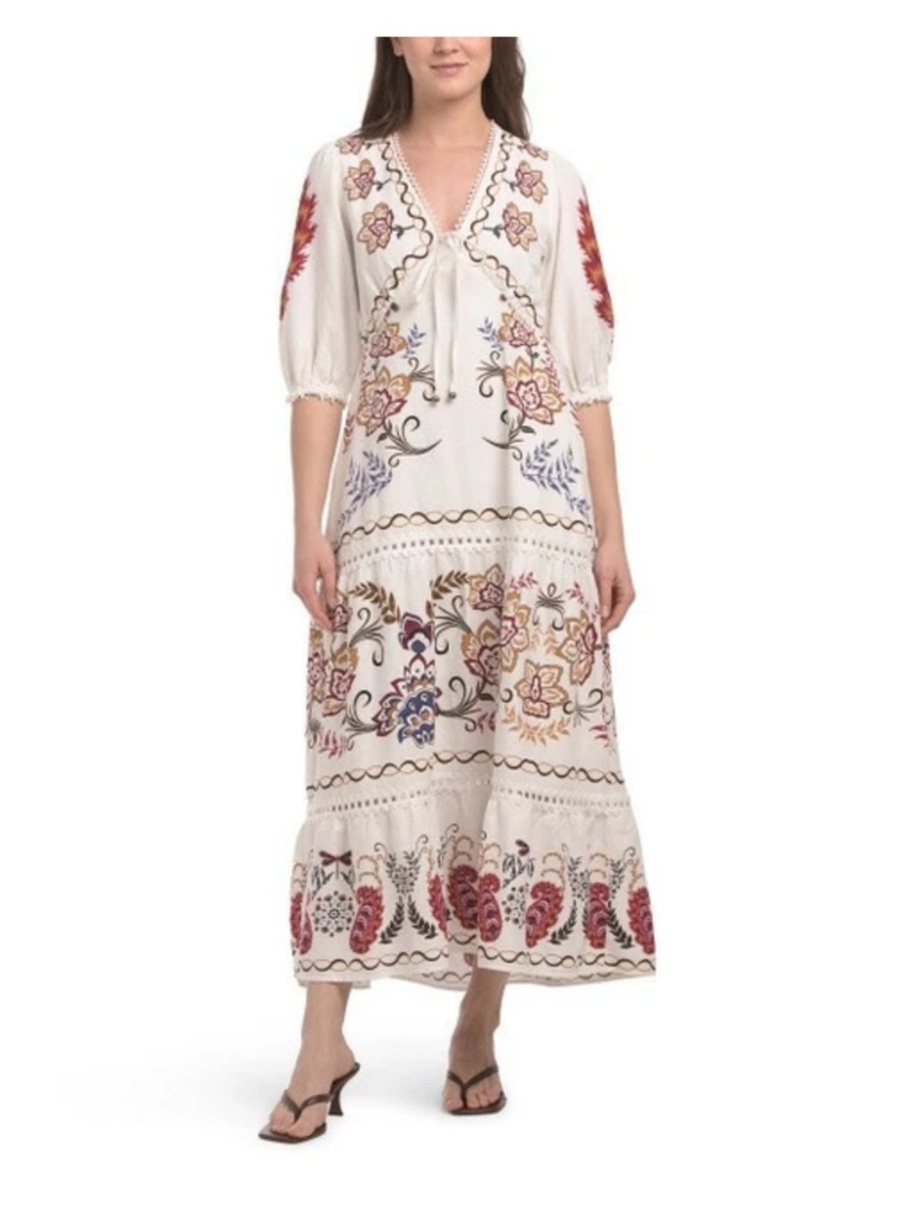 Embroidered Cream Maxi Dress with Floral Motif